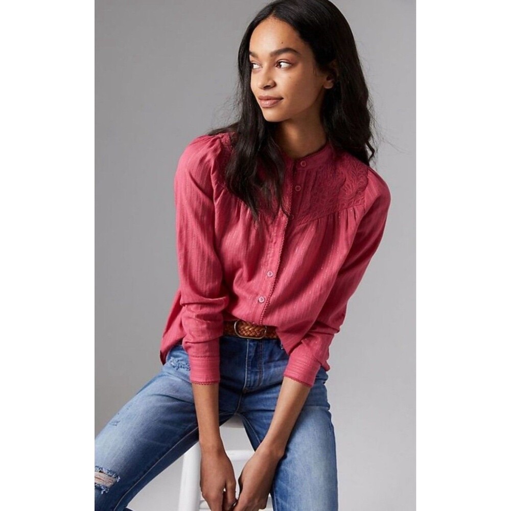 Anthropologie Pilcro Victoria Lace Top Sz 00P XXS Pink Metallic Button Down